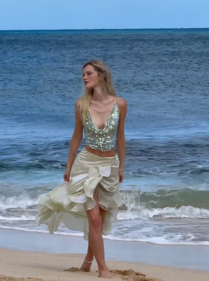 Shiny Mermaid Spaghetti Strap Sequin Satin Two Piece Prom Dress Party Dress DP3779