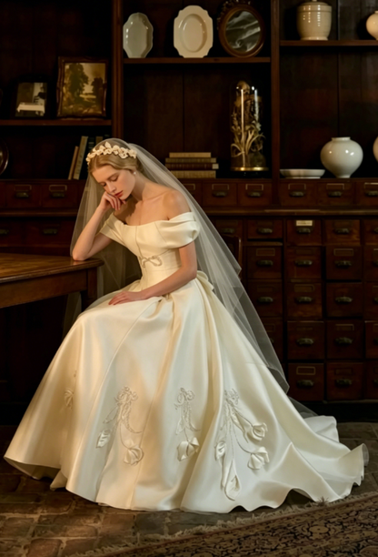 Princess Ball Gown Off the Shoulder Beaded Satin Long Prom Dress Wedding Dress DP3922