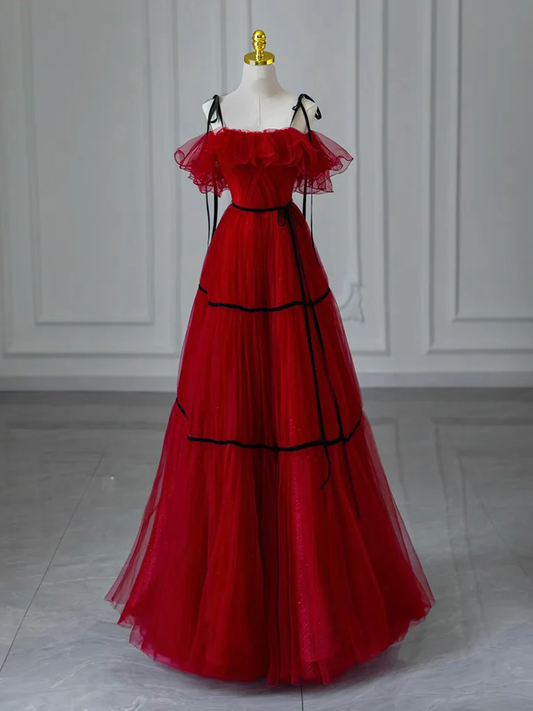 Pretty Off Shoulder Tulle Red Long Prom Dress DP414