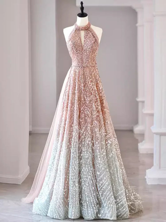 Pretty A Line High Neckline Sequin Long Evening Dress Prom Dress with Beads DP1269