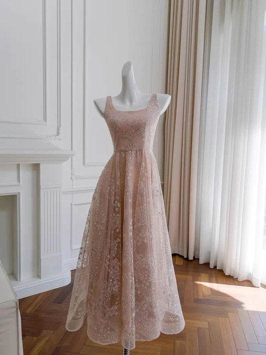 Elegant A Line Straps Pink Sequin Tulle Prom Dress Evening Dress  DP1262