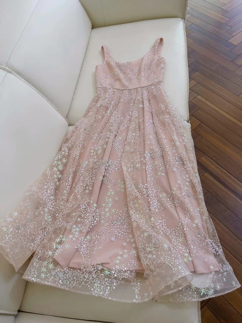 Elegant A Line Straps Pink Sequin Tulle Prom Dress Evening Dress  DP1262