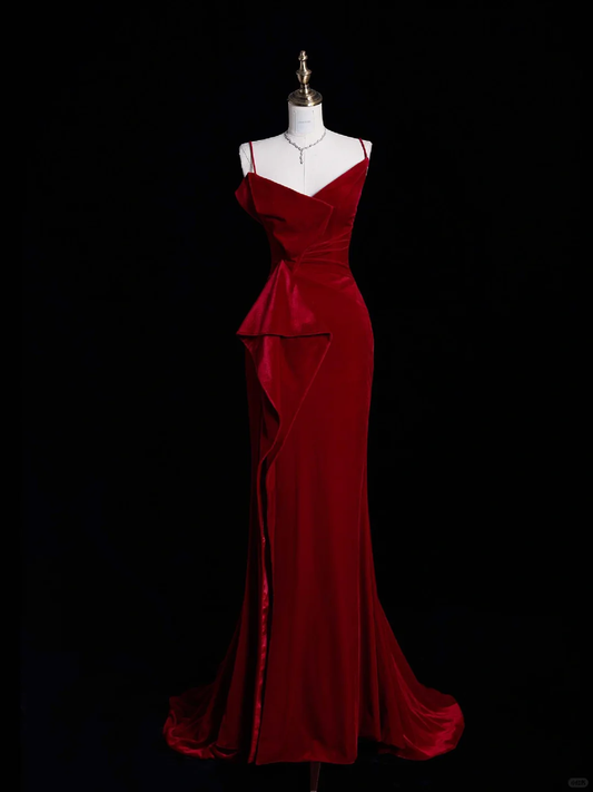 Sexy Mermaid Spaghetti Strap Burgundy Velvet Long Sweep Prom Dress Graduation Prom Dress DP2209