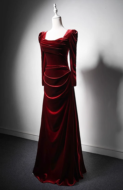 Burgundy Long Sleeves Velvet Long Prom Dress Party Dress Bridesmaid Dress DP632