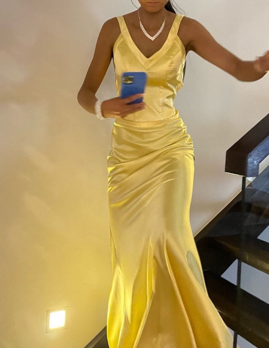 Yellow Mermaid Spaghetti Strap Satin Open Back Long Prom Dress Graduation Prom Dress DP1963