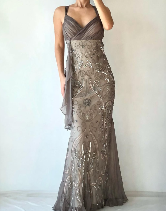 Vintage Mermaid Strap Sequin Brown Chiffon Long Prom Dress Evening Dress DP1753
