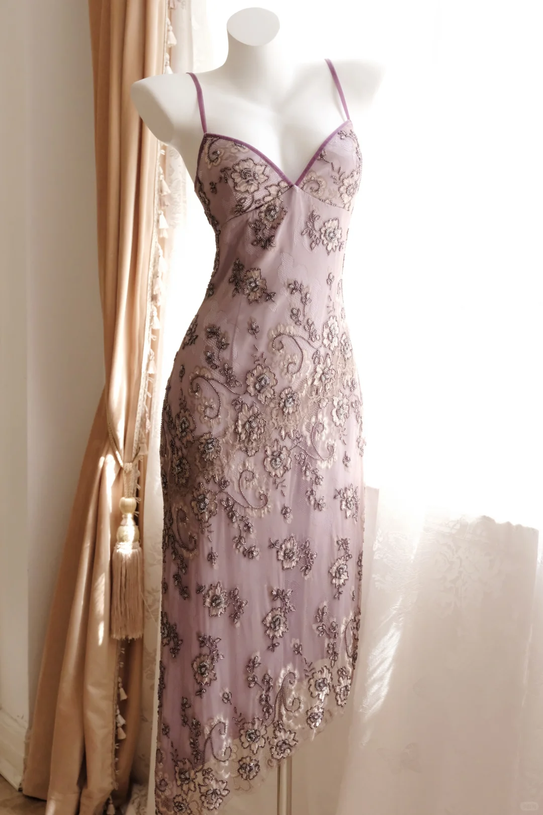 Vintage Light Purple Sheath Spaghetti Strap Beaded Tulle Prom Dress Evening Dress DP8262