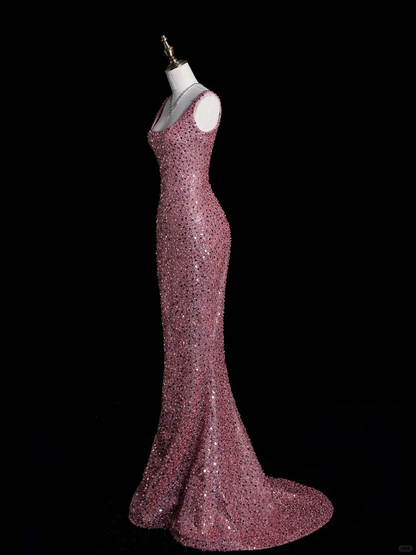 Stunning Mermaid Strap Pink Sequin Long Prom Dress Evening Dress DP2091