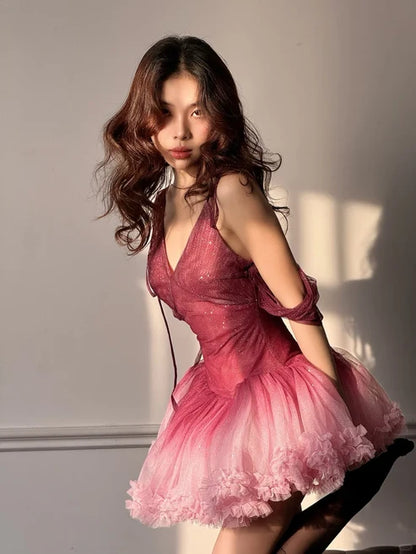Cute Pink Ombre A Line Spaghetti Strap Sequin Tulle Short Homecoming Dress DP6403