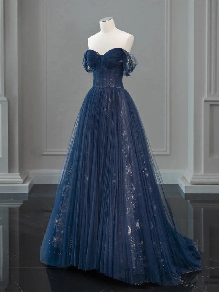 Off Shoulder Tulle Lace Dark Blue Long Prom Dress Elegant Evening Dress  DP416