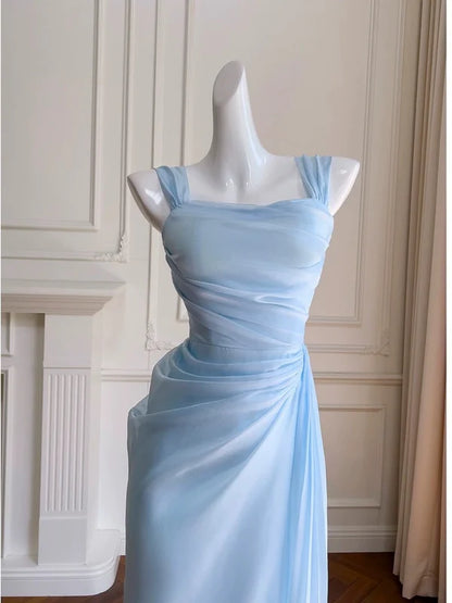Light Sky Blue Sheath Straps Chiffon Prom Dress Evening Dresses DP1251