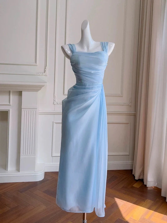 Light Sky Blue Sheath Straps Chiffon Prom Dress Evening Dresses DP1251