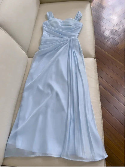 Light Sky Blue Sheath Straps Chiffon Prom Dress Evening Dresses DP1251
