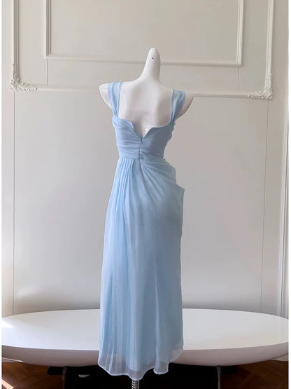 Light Sky Blue Sheath Straps Chiffon Prom Dress Evening Dresses DP1251