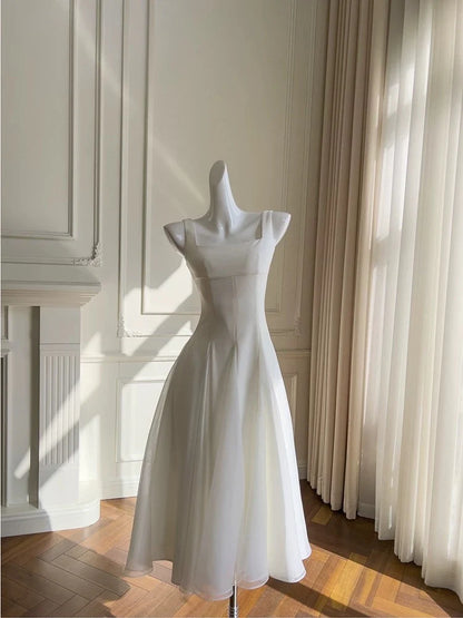 Simple A Line Straps White Chiffon Ankle Length Homecoming Dress Outfits DP1280