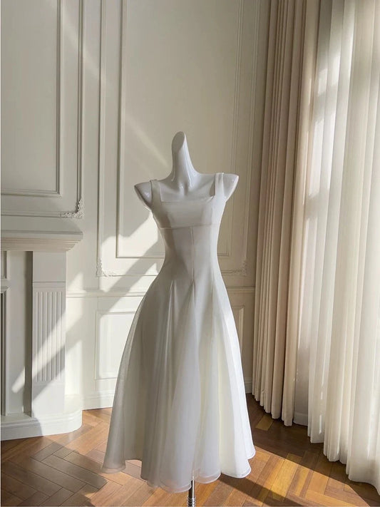 Simple A Line Straps White Chiffon Ankle Length Homecoming Dress Outfits DP1280