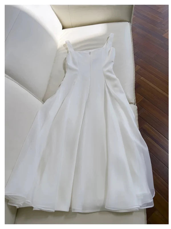 Simple A Line Straps White Chiffon Ankle Length Homecoming Dress Outfits DP1280