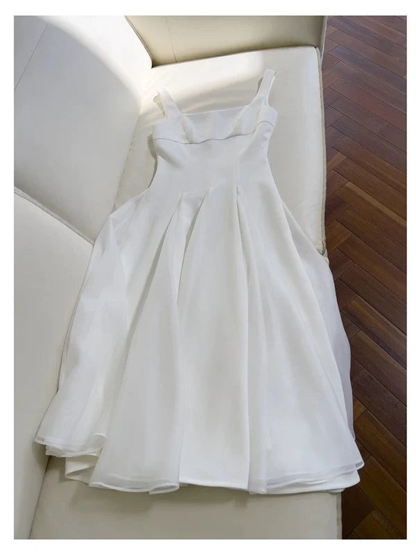 Simple A Line Straps White Chiffon Ankle Length Homecoming Dress Outfits DP1280