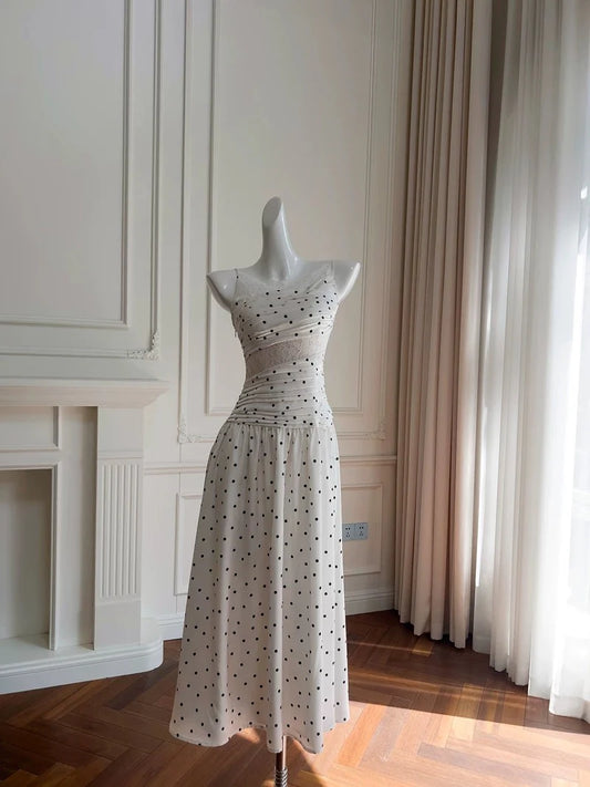 A Line Spaghetti Straps Polka Dots Lace Chiffon Prom Dress Formal Dress DP1256