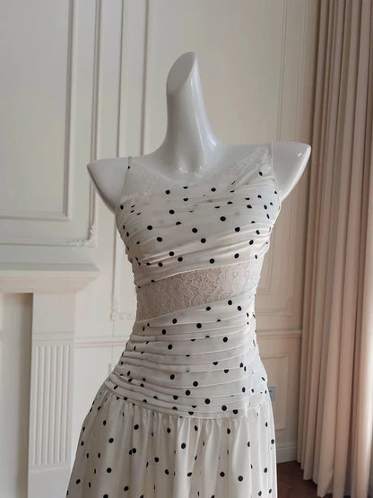 A Line Spaghetti Straps Polka Dots Lace Chiffon Prom Dress Formal Dress DP1256