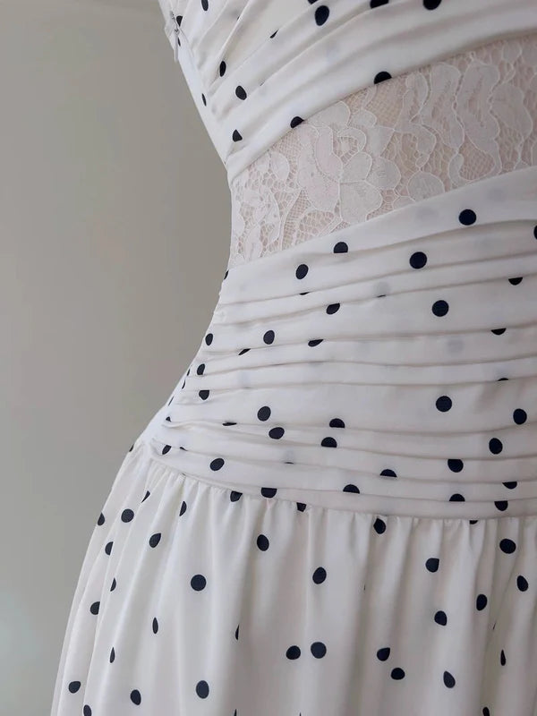 A Line Spaghetti Straps Polka Dots Lace Chiffon Prom Dress Formal Dress DP1256