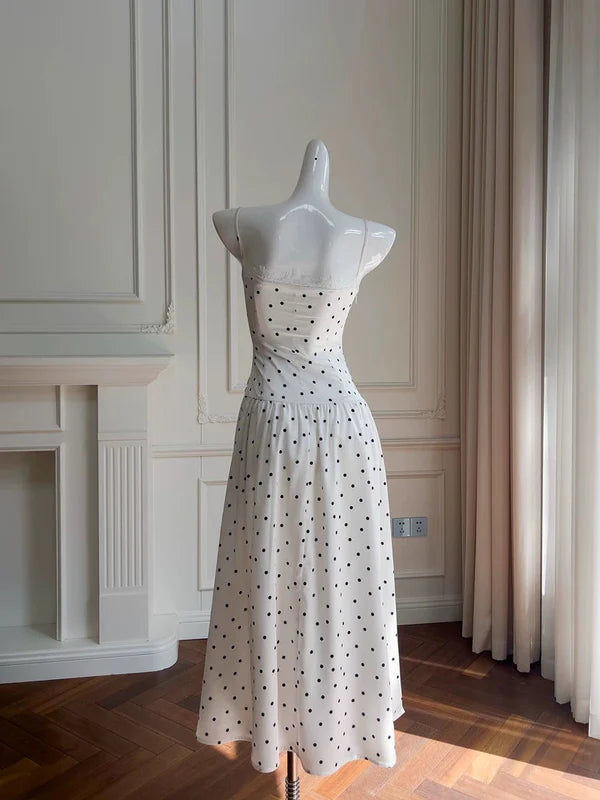 A Line Spaghetti Straps Polka Dots Lace Chiffon Prom Dress Formal Dress DP1256