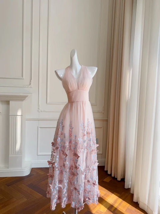 Light Pink A Line Halter Butterfly Appliques Tulle Prom Dress Evening Dress DP1292