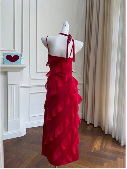 A Line Spaghetti Straps Ruffles Red Chiffon Long Prom Dress Outfits DP1236
