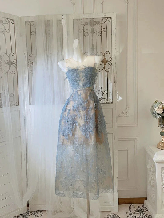 Cute A Line Scoop Neckline Lace Blue Prom Dress Evening Dresses DP1270