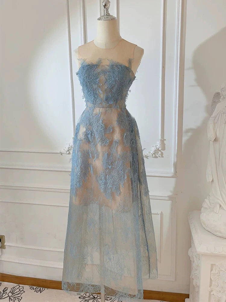Cute A Line Scoop Neckline Lace Blue Prom Dress Evening Dresses DP1270
