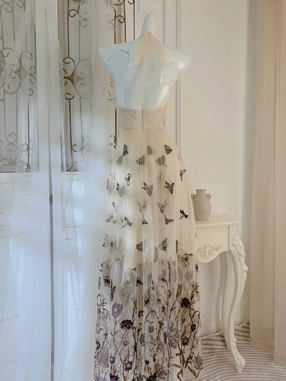 Champagne A Line Halter Butterfly Appliques Tulle Prom Dress Evening Dress DP1239