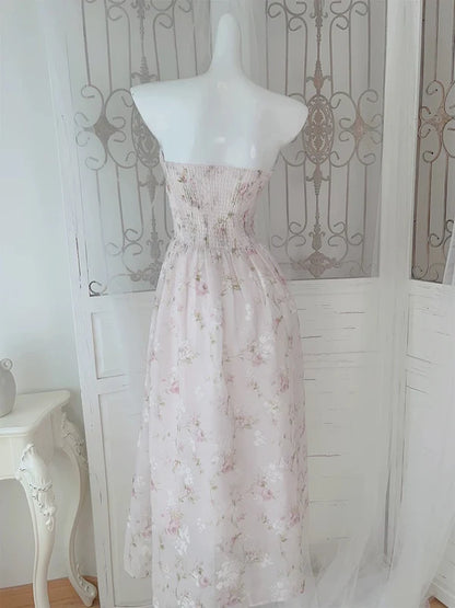 Light Pink A Line Strapless Floral Chiffon Prom Dress Evening Dress DP1305