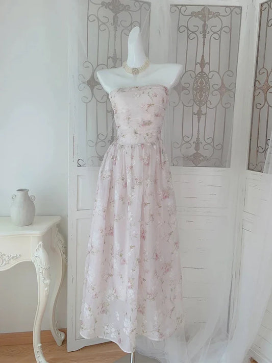 Light Pink A Line Strapless Floral Chiffon Prom Dress Evening Dress DP1305
