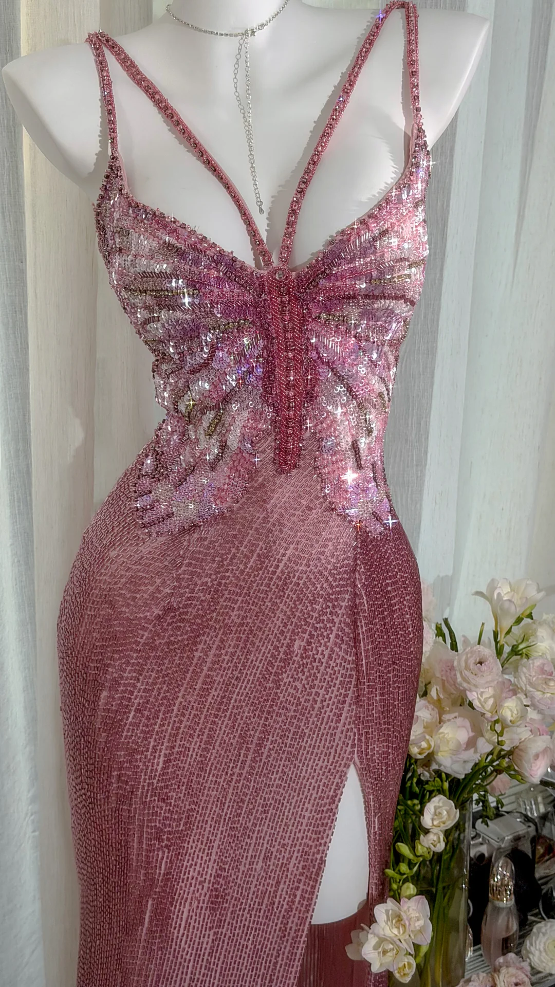 Stunning Pink Butterfly Sheath Beaded Long Prom Dress Graduation Prom Dress with Slit DP4944