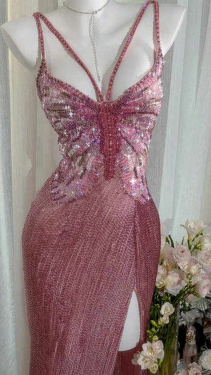 Stunning Pink Butterfly Sheath Beaded Long Prom Dress Graduation Prom Dress with Slit DP4944