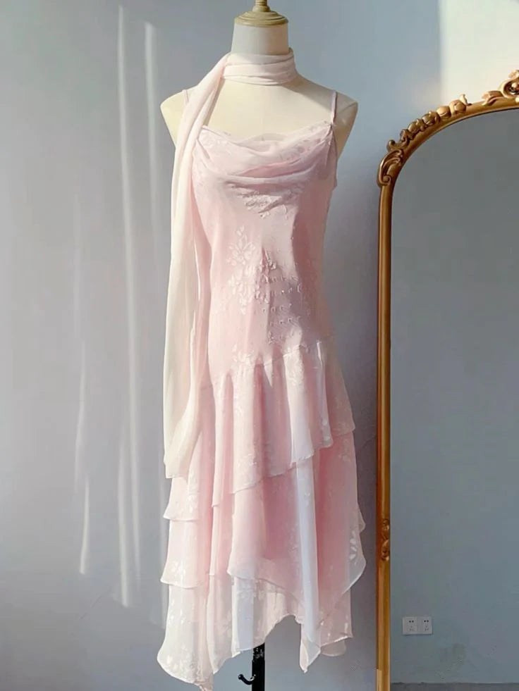 Elegant A Line Spaghetti Straps Light Pink Chiffon Prom Dress With Ruffles DP1313