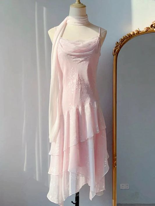 Elegant A Line Spaghetti Straps Light Pink Chiffon Prom Dress With Ruffles DP1313