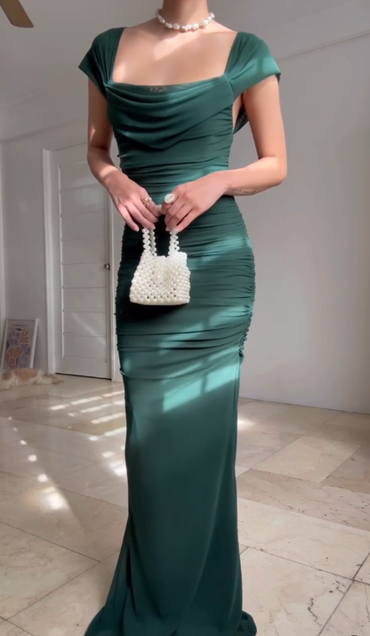 Elegant Sheath Straps Dark Green Tulle Long Graduation Prom Dress DP4876