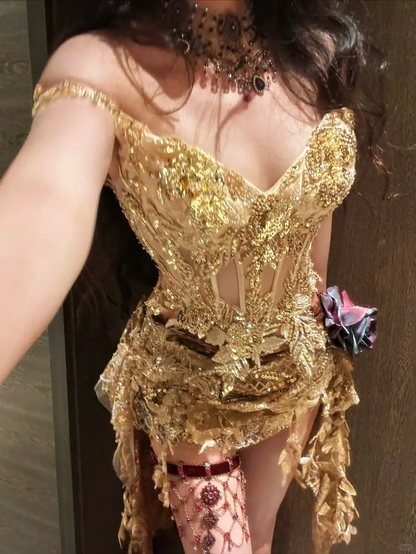 Golden A Line Straps Exquisite Sequin Short Homecoming Dress DP4582