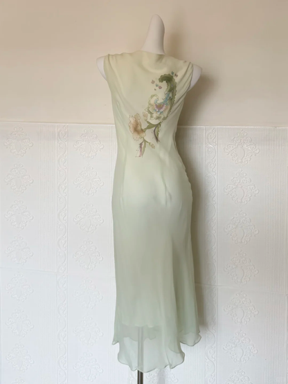 Vintage Light Green Print Floral Beaded Chiffon Prom Dress DP5172