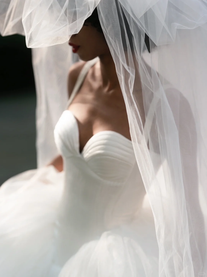 New A Line Spaghetti Strap White Satin Tulle Long Wedding Dress DP2629