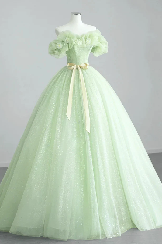 Mint Green Tulle Off The Shoulder Prom Dress Flowers Quinceanera Dress DP338