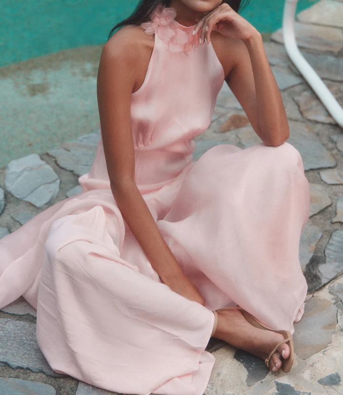 Pink Mermaid Halter Flower Chiffon Prom Dress Party Dress with Slit DP2581