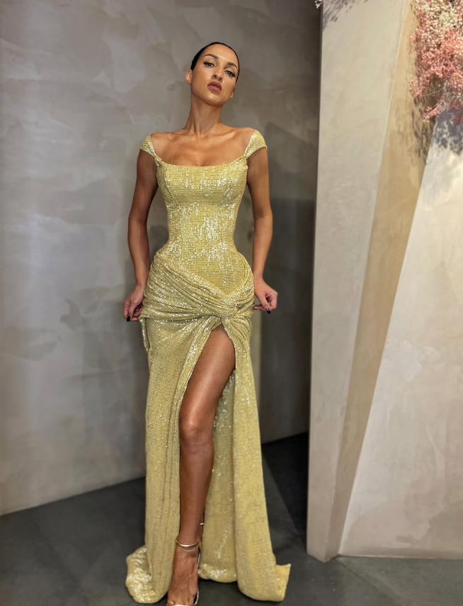 Shiny Sheath Strap Yellow Sequin Prom Dress Evening Dress with Slit DP5603