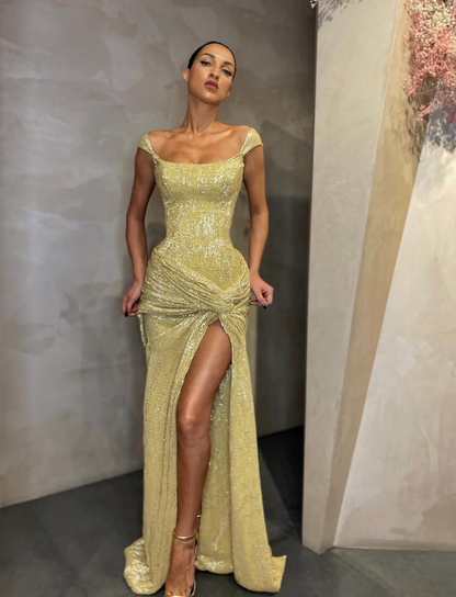 Shiny Sheath Strap Yellow Sequin Prom Dress Evening Dress with Slit DP5603