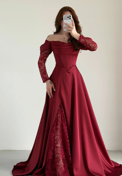 Elegant Burgundy A Line Long Sleeve Lace Satin Prom Dress Evening Dress DP5631