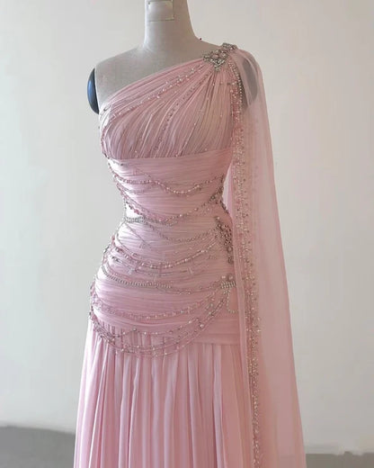 Vintage A Line One Shoulder Pink Chiffon Floor Length Prom Dresses Beads Evening Dress DP4168