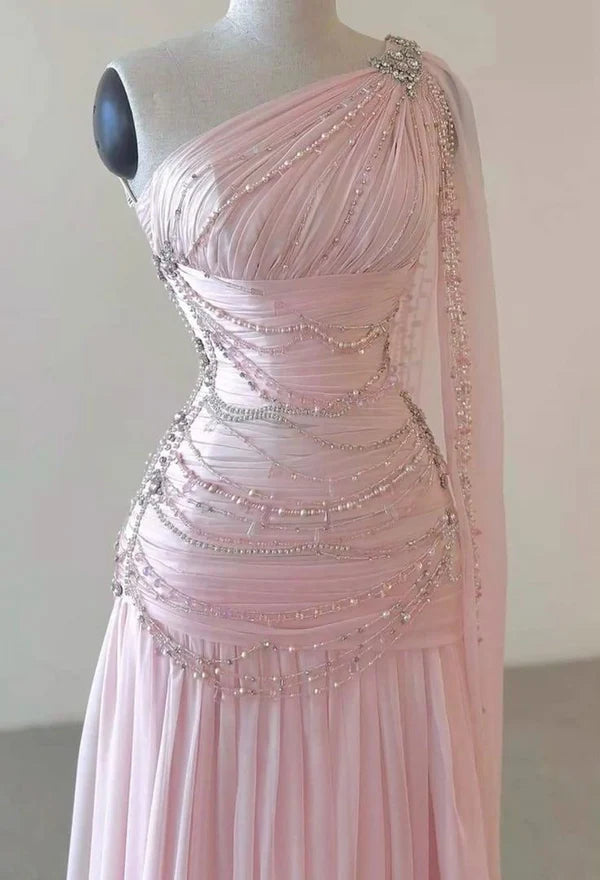 Vintage A Line One Shoulder Pink Chiffon Floor Length Prom Dresses Beads Evening Dress DP4168