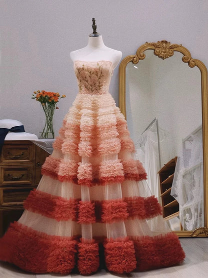 A Line Strapless Beads Appliques Tulle Long Prom Dresses Evening Dresses DP1284