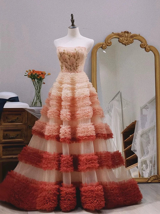 A Line Strapless Beads Appliques Tulle Long Prom Dresses Evening Dresses DP1284